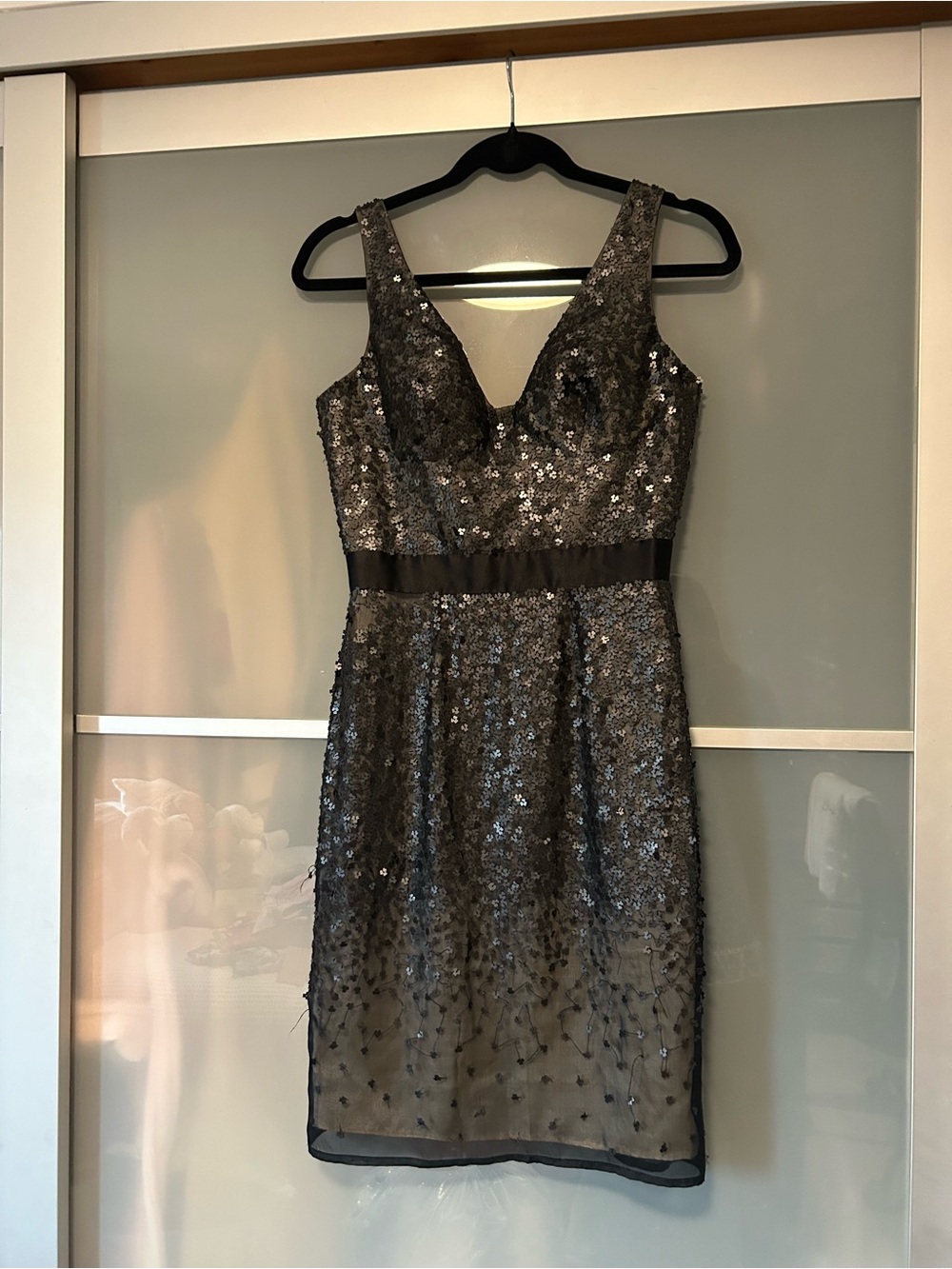 Black Sequin V-Neck Mini Dress with Sheer Hem